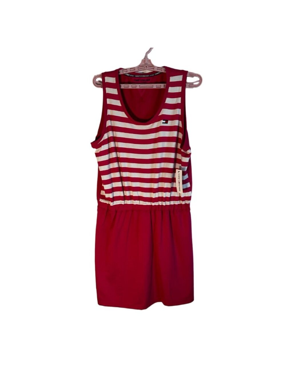 Tommy Hilfiger Sport Stripe Tank Dress Elasticized Waist Pink/White Large Beach - Picture 2 of 10